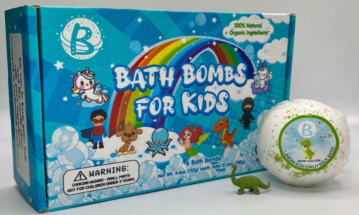 natural bath bombs for kids with toy dinosaur surprise inside